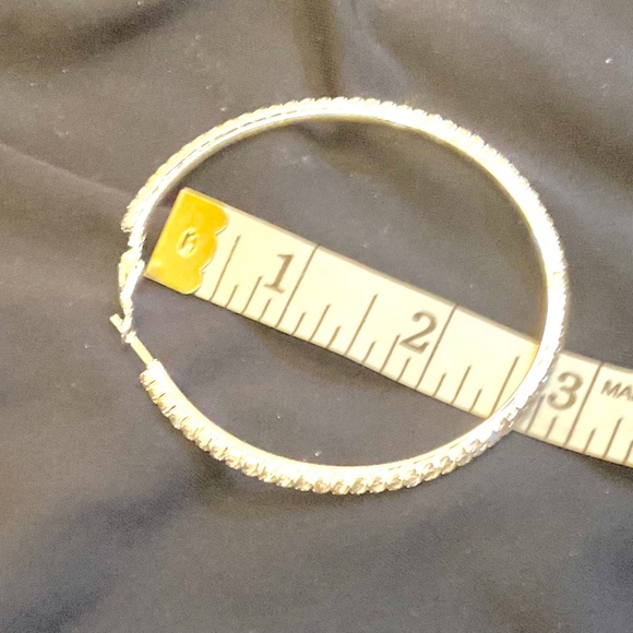 Two Pair Silver Hoop with Rhinestones Earrings, BLING 2.5” & 2.75” - Picture 5 of 7